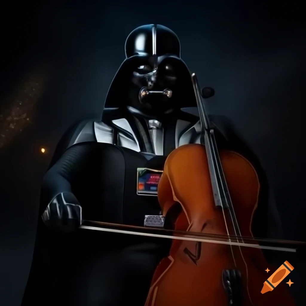 Darth Vader playing cello as soloist in orchestra with other Star Wars characters