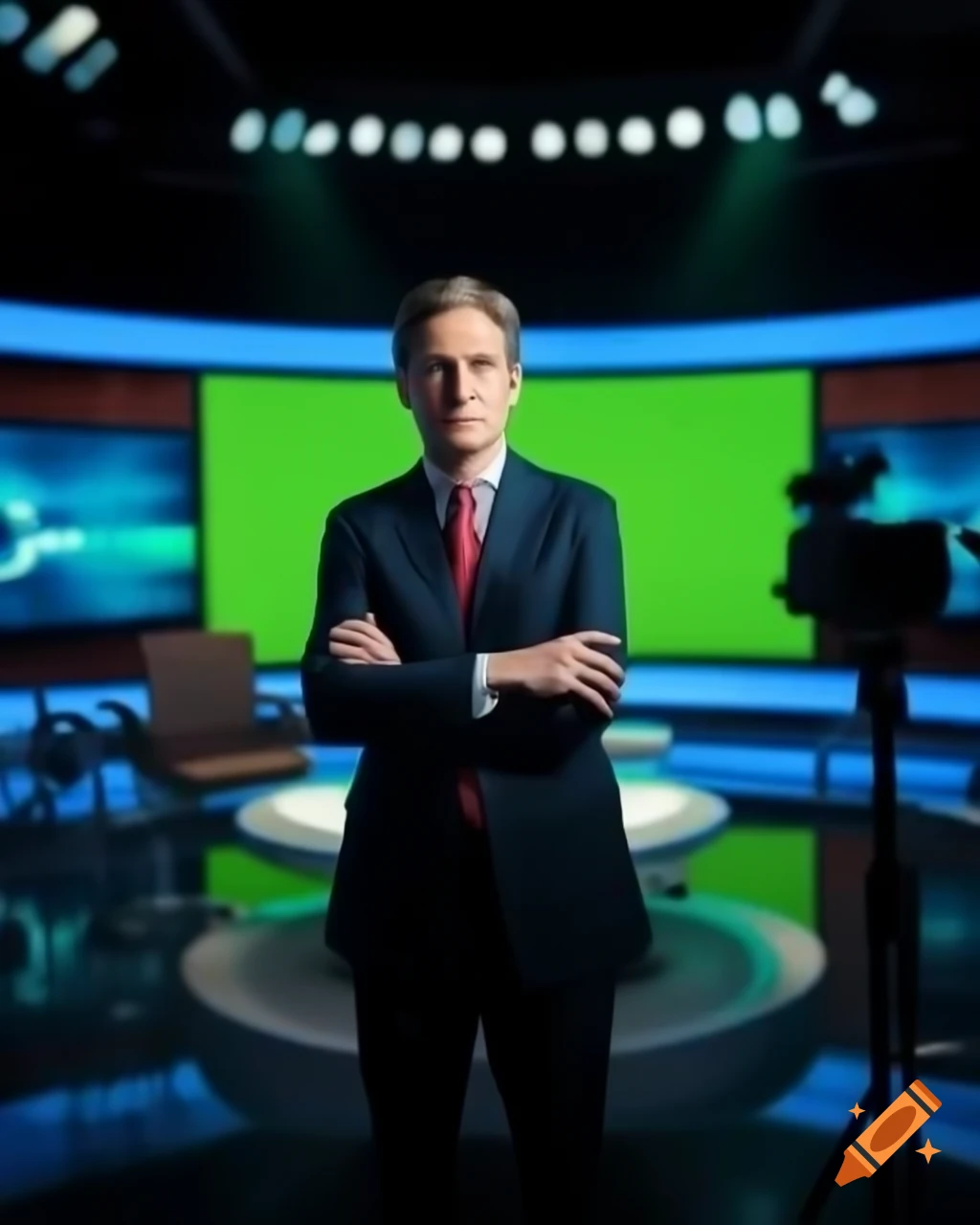 Handsome man in professional suit in modern news studio, confidently addressing camera