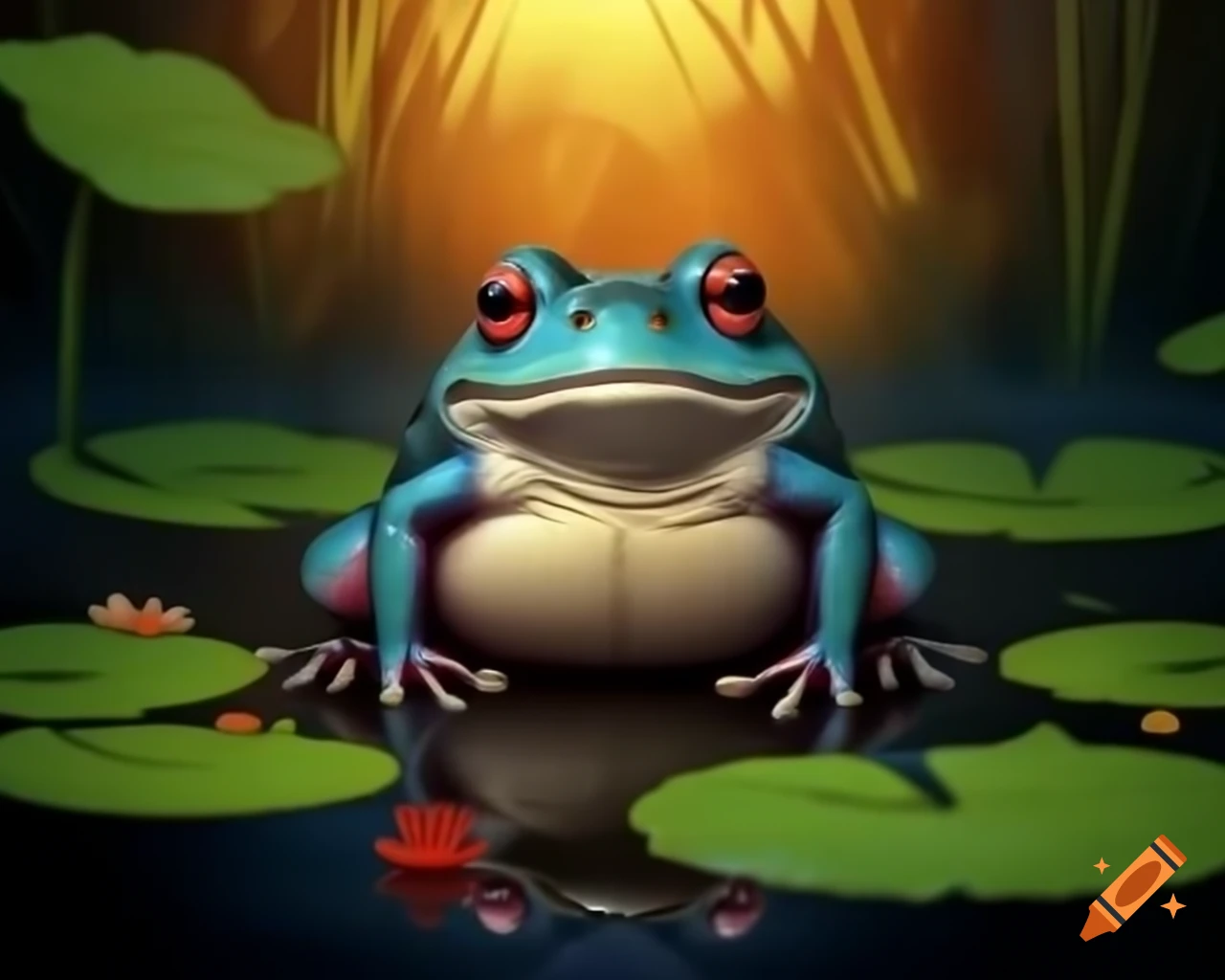 Blue toad with red spots sitting on lilypad in pond during golden hour