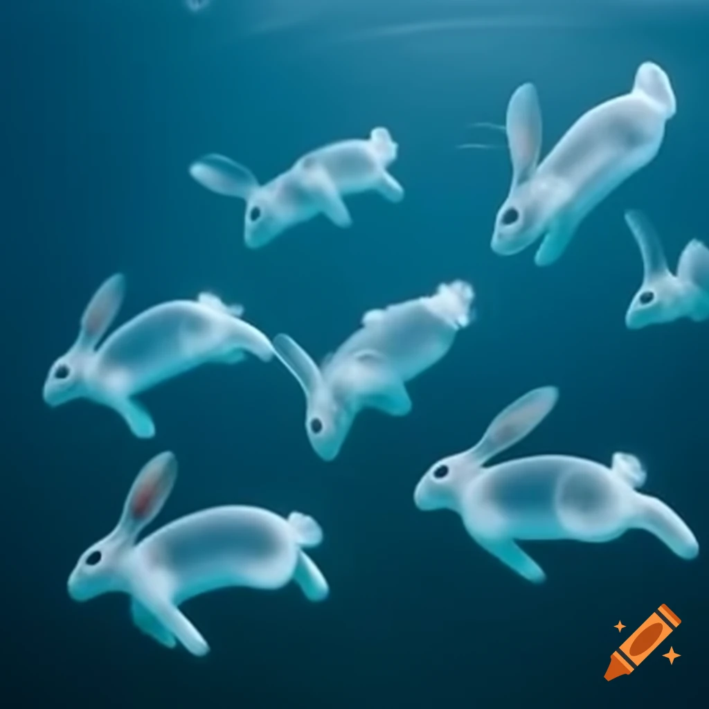 Transparent bunnies swimming underwater