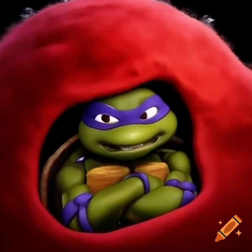 Donatello interacting with a large red blob in a playful scene
