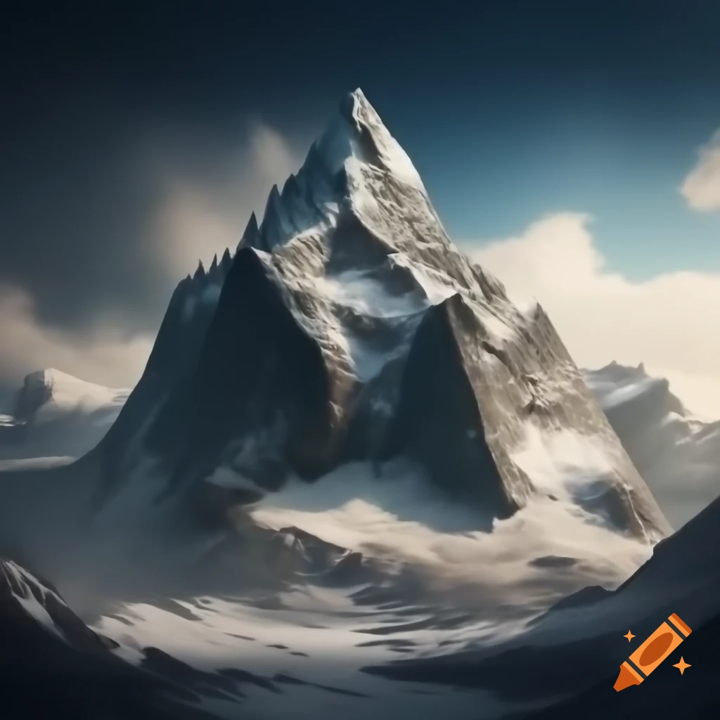 Realistic depiction of large mountain at sunset with snow and surrounding peaks
