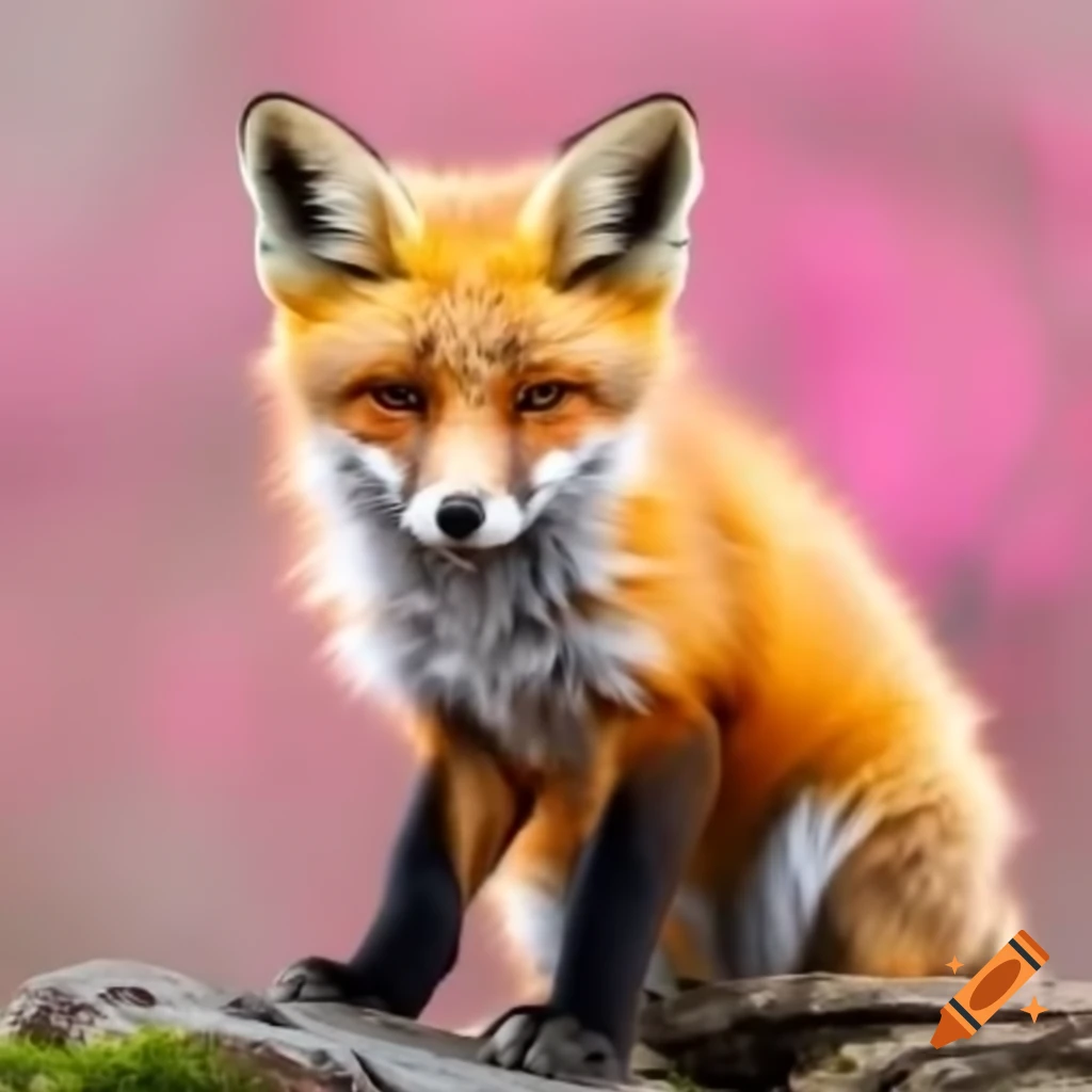 Beautiful fox in a pink wooded area