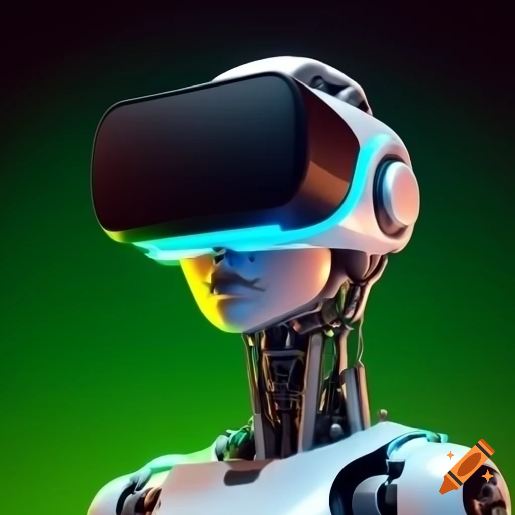 Futuristic female humanoid robot with VR glasses on green and black gradient background