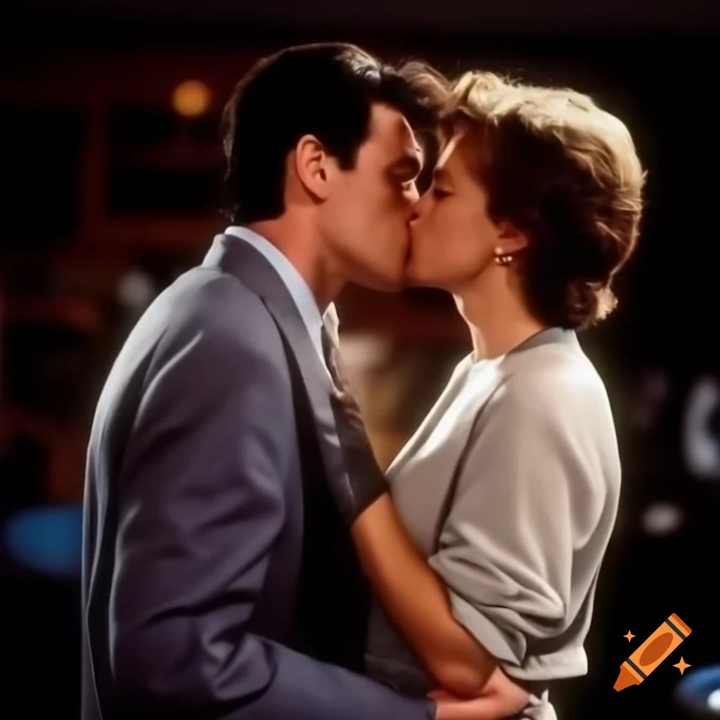 Jim Carrey and Amanda Donohoe kissing in Liar Liar film scene