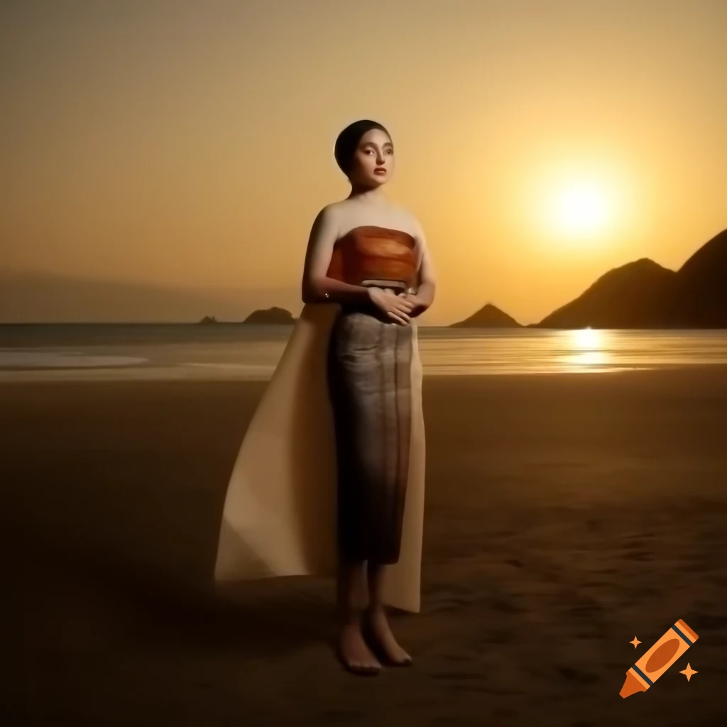 Tourist in traditional Thai dress on Koh Larn beach at sunset