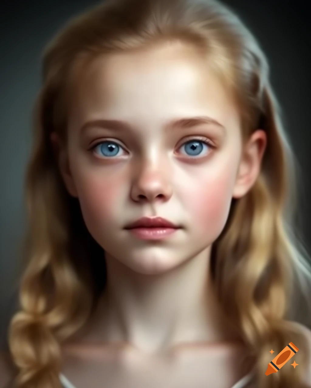 Photorealistic portrait of young woman with long blonde hair and blue ...