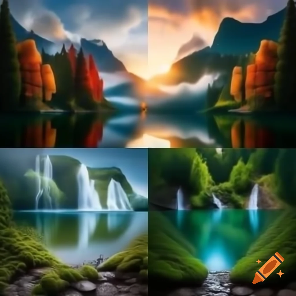Collage of five nature scenes including forest, sunset, lake, waterfall, and hills