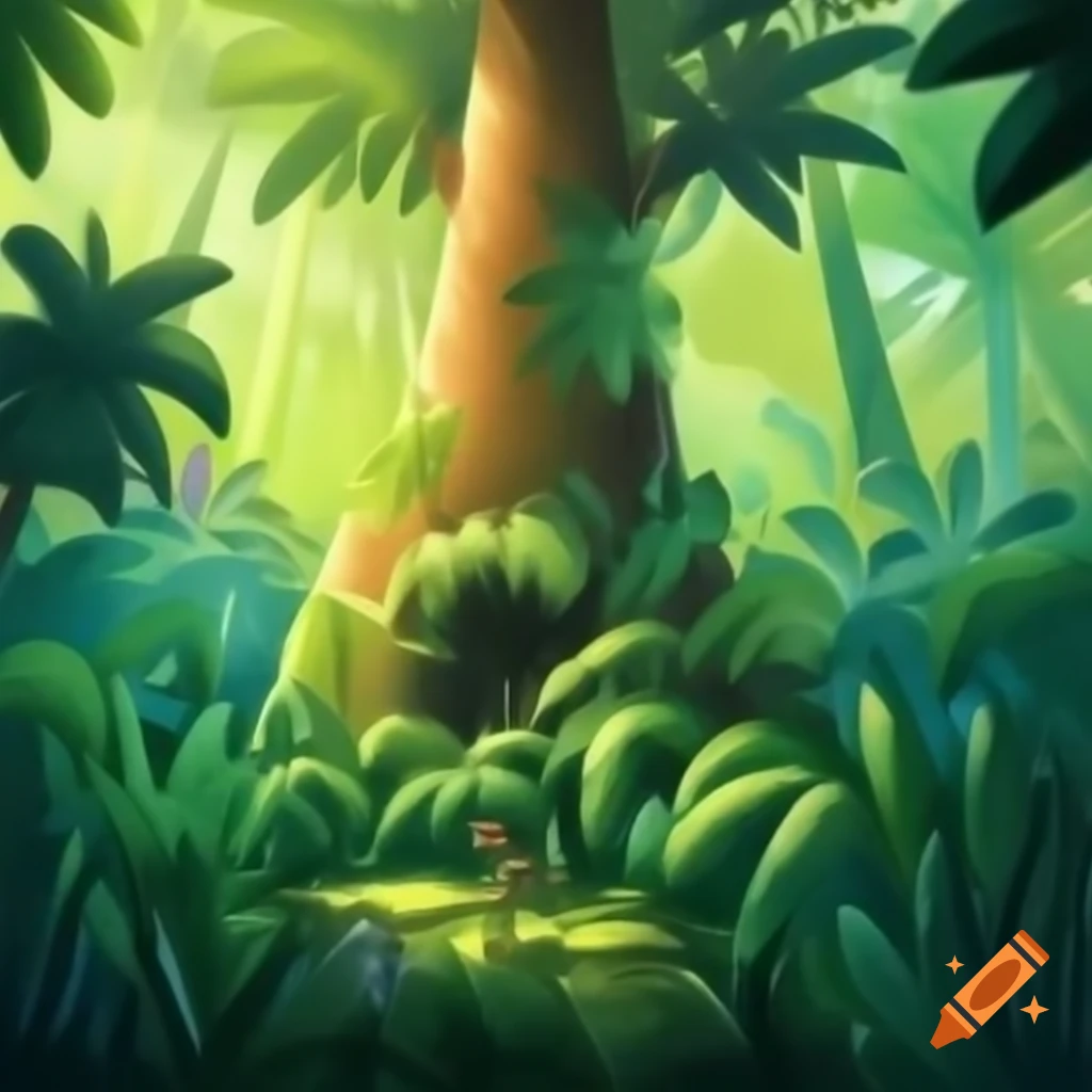 Jungle scene featuring a large tree