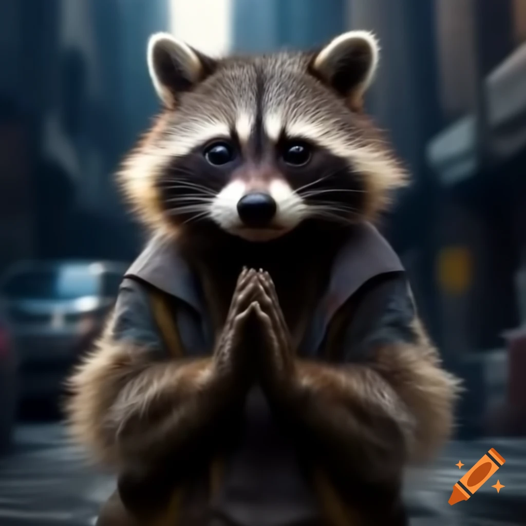 Raccoon wearing doo rag, looking up as if praying in the streets on Craiyon