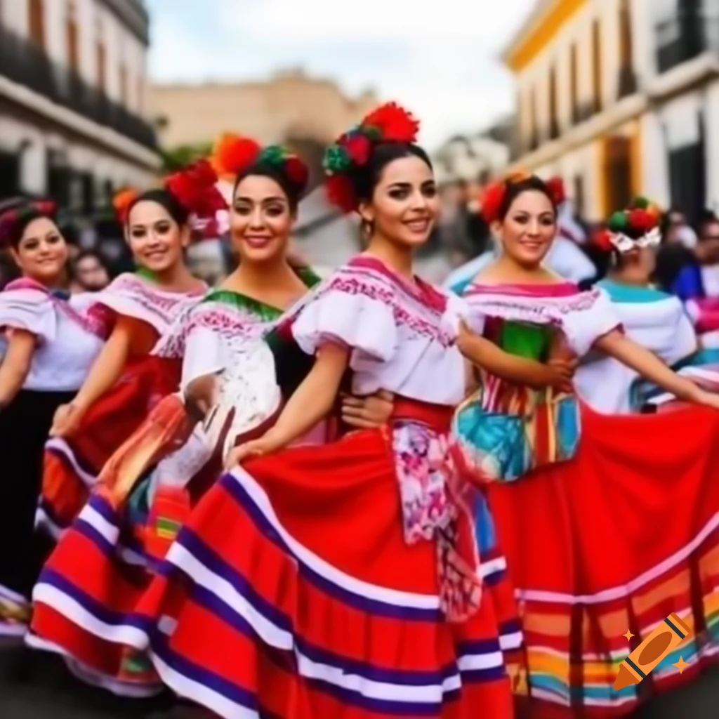 People in traditional Mexican folk costumes at a festival