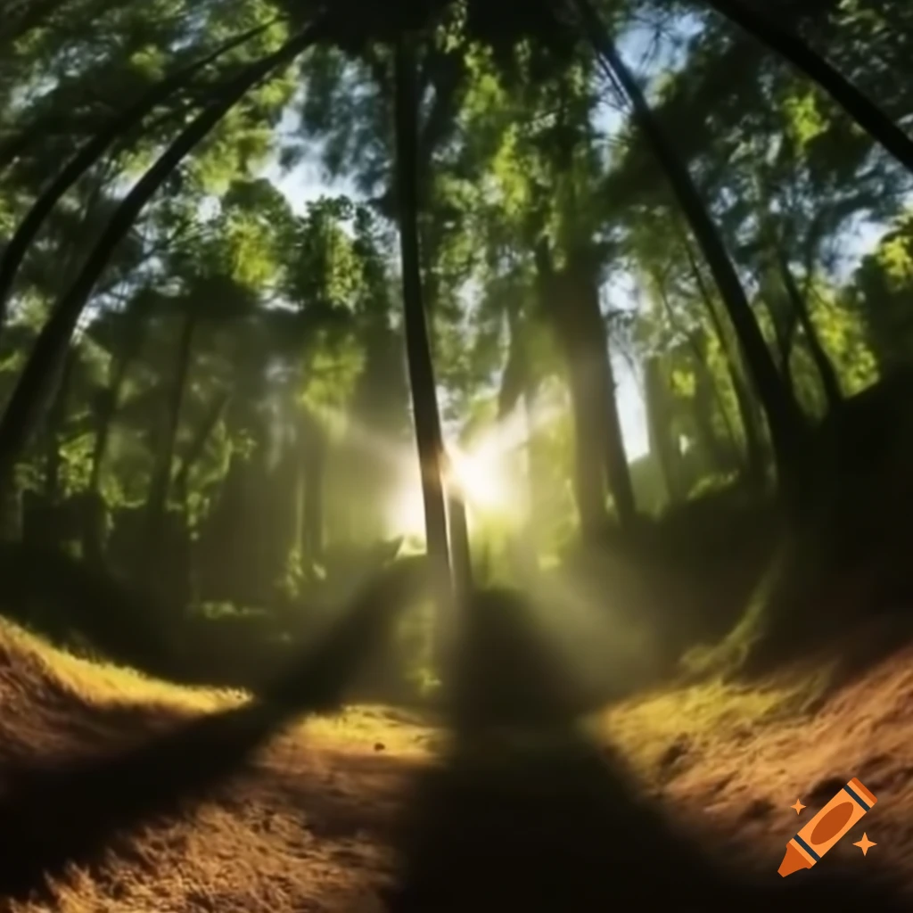 Golden sunlight streams through trees casting warm shadows on summer afternoon