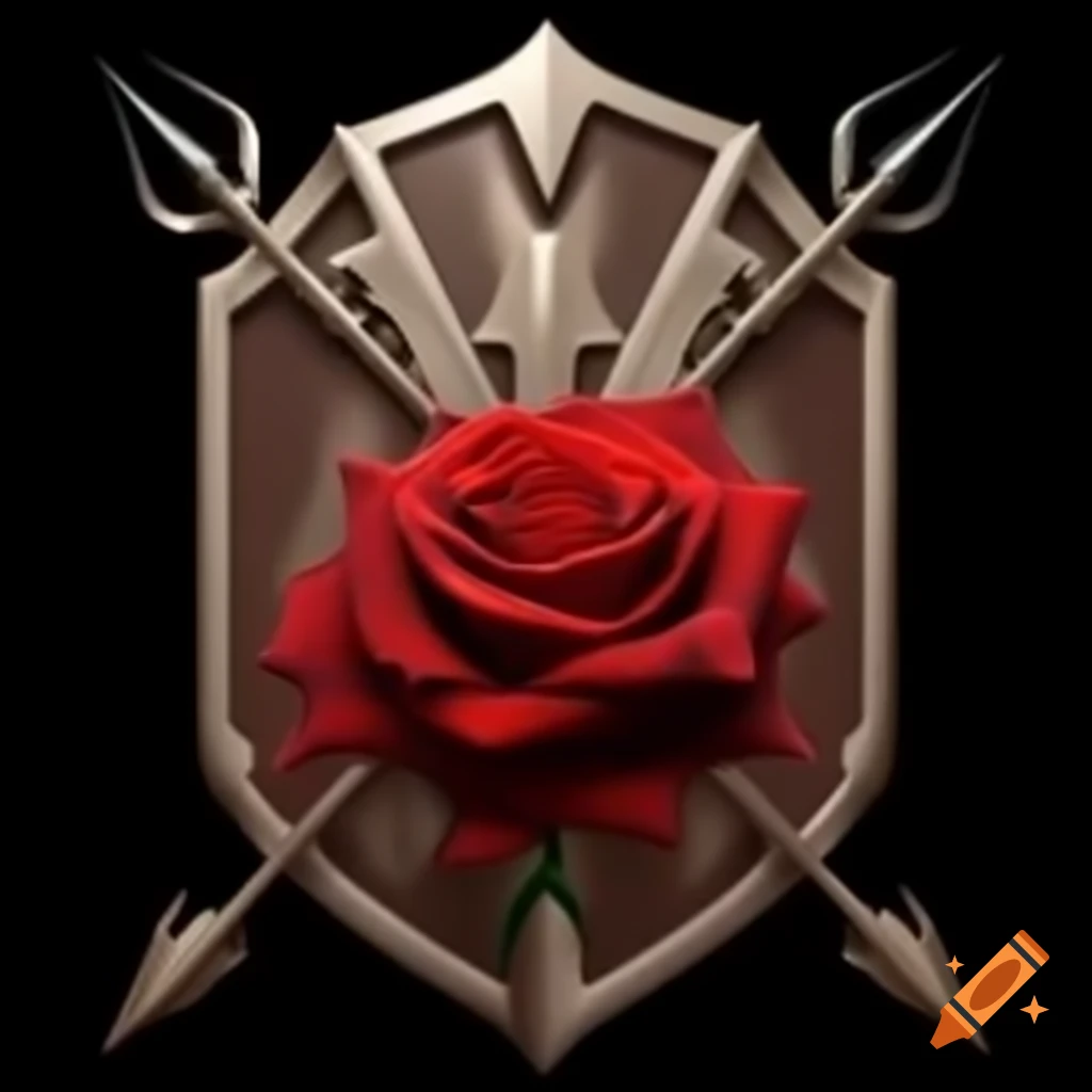 Rose with crossed spears behind shield emblem