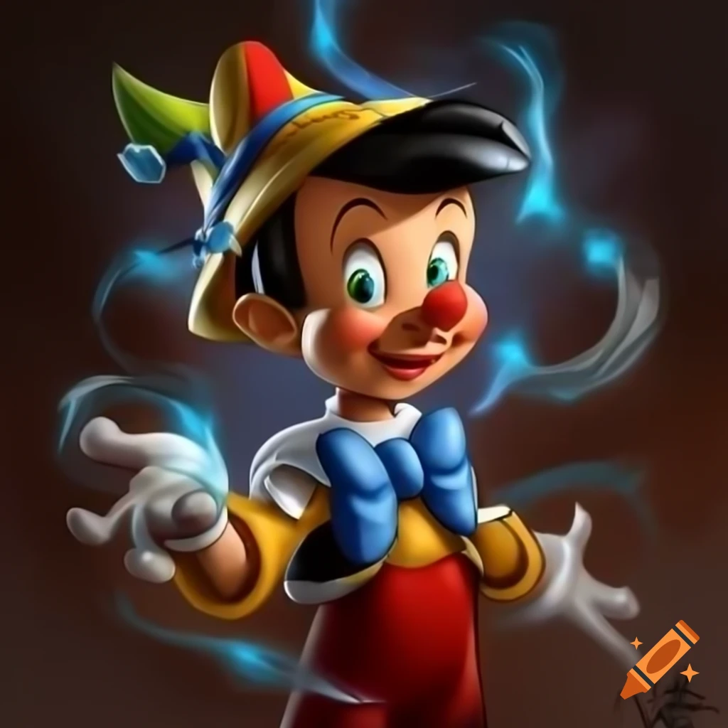 Pinoke Transformation Pinocchio undergoing transformation surrounded by magical energy on Craiyon