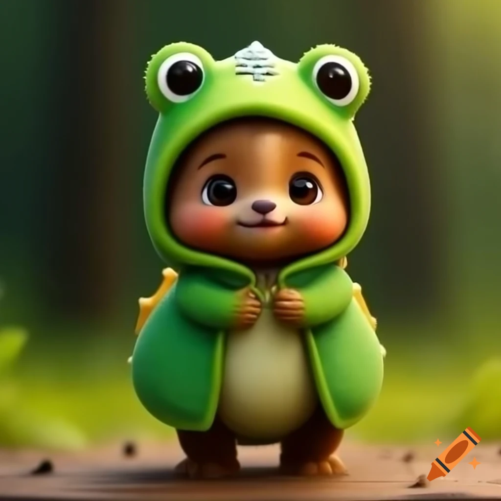 Baby bear wearing a frog costume