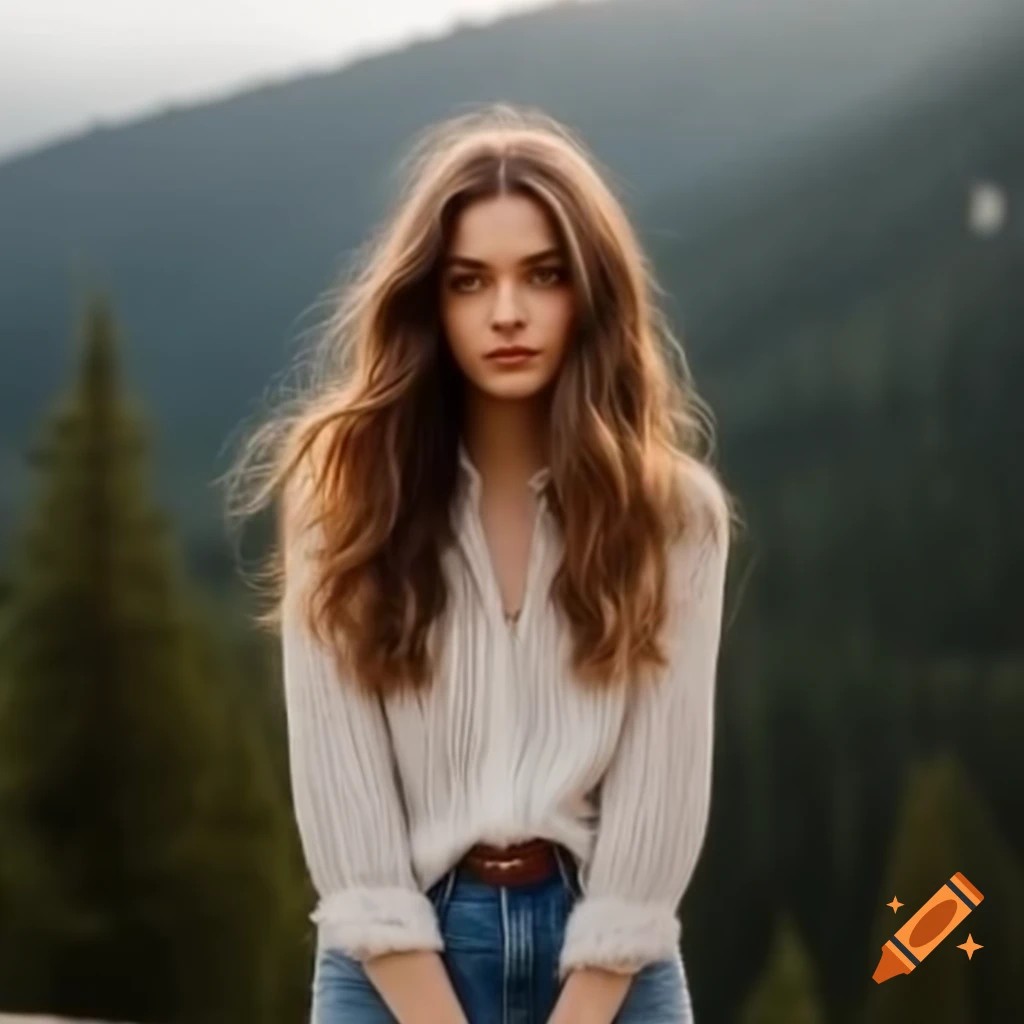 Portrait of a young woman with Eastern European features and warm hazel eyes