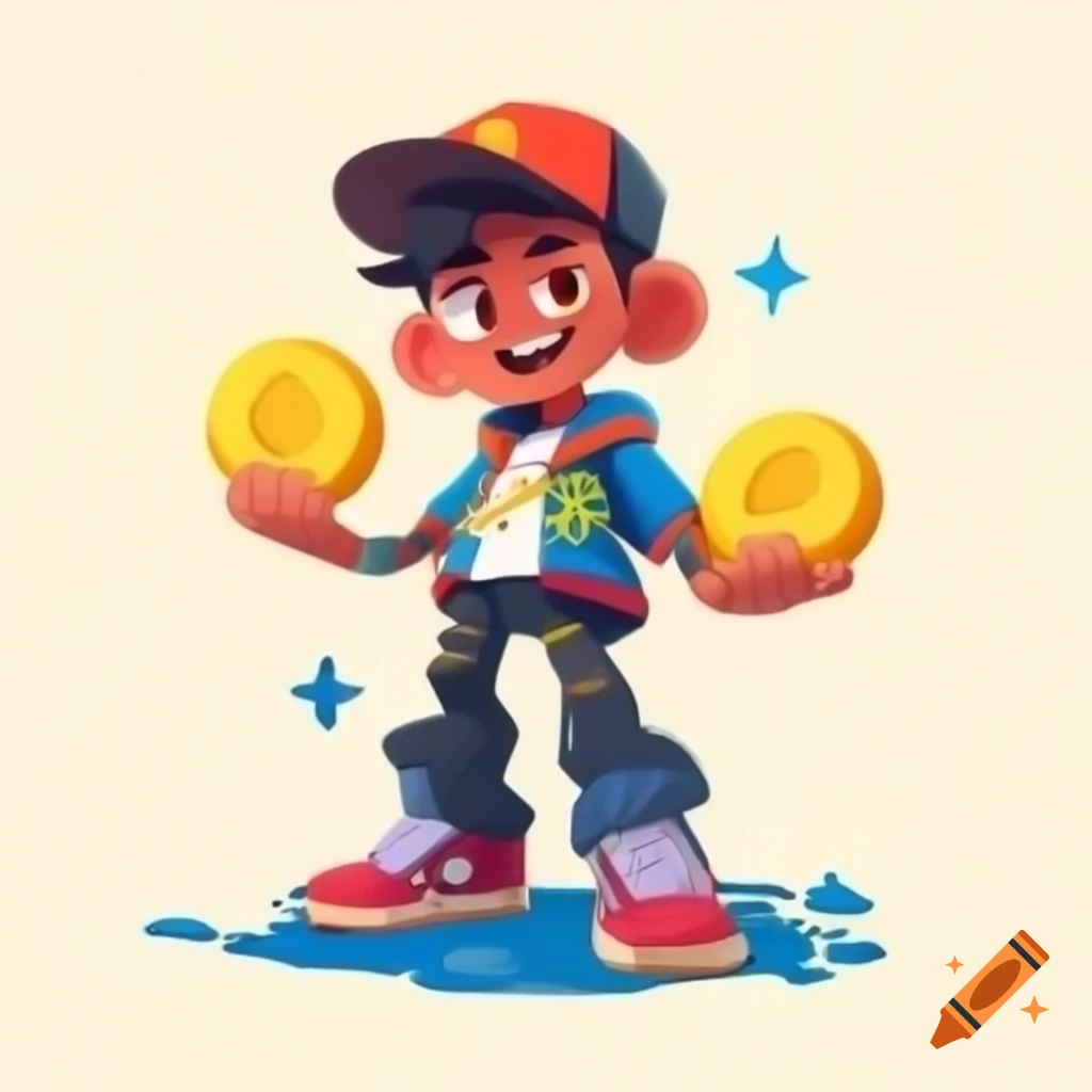 Friendly crypto memecoin character in casual streetwear, colorful vector art