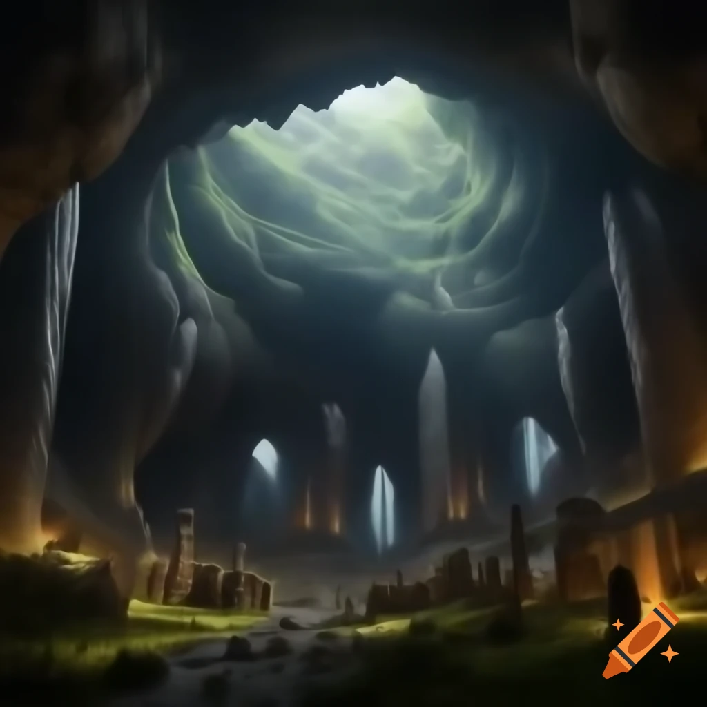 Scottish highlands with massive caves and dwarf statues