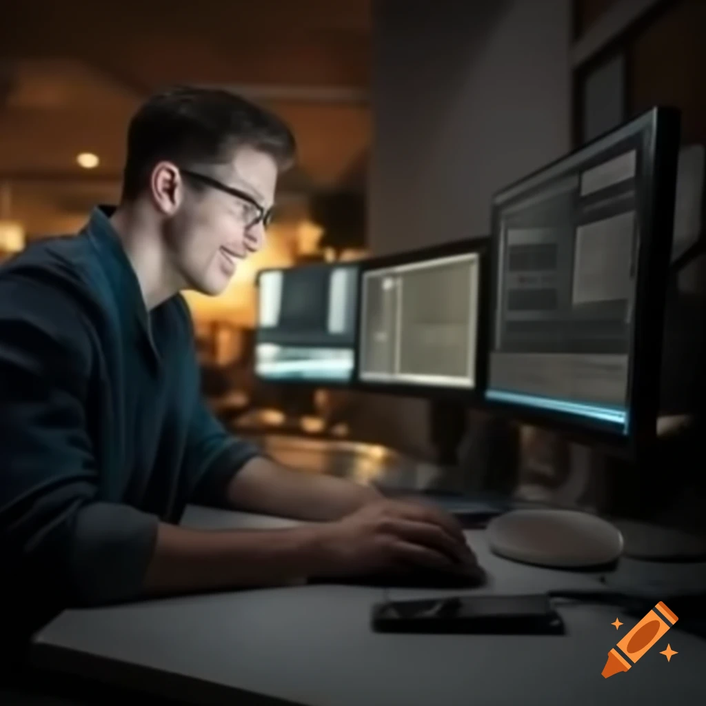 Happy person programming on a computer