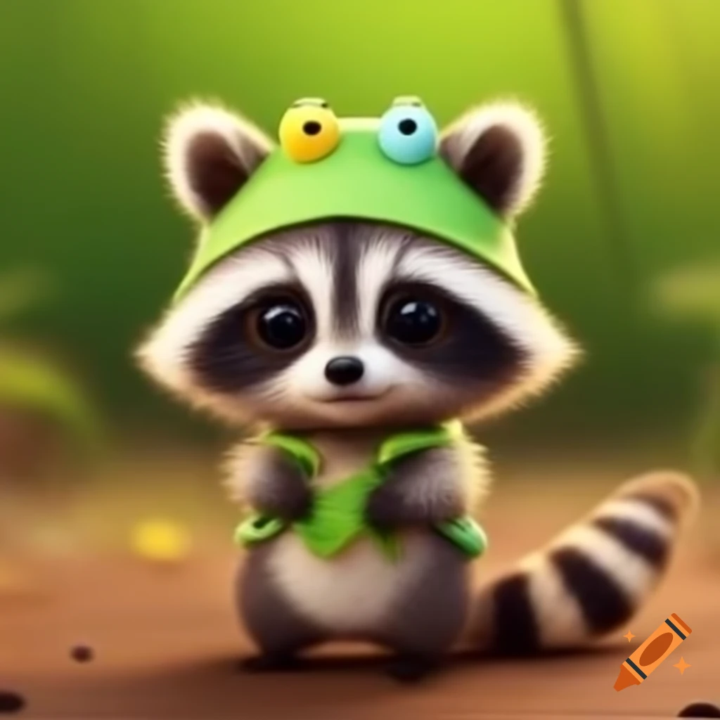 Cute baby raccoon wearing a frog costume