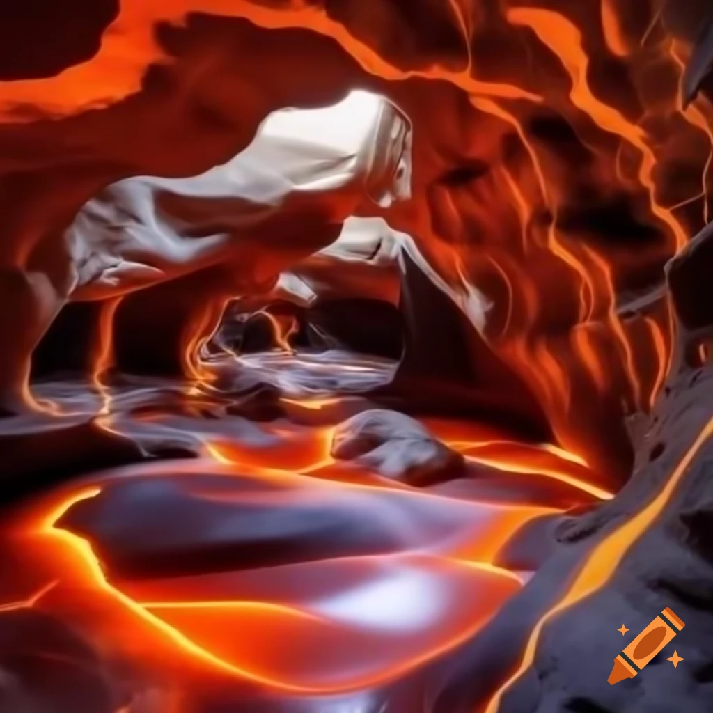 Smooth white cave with holes and flowing bright orange lava