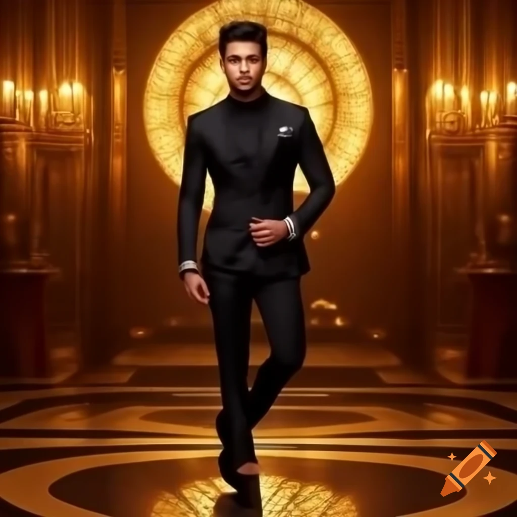 30-year-old man in stylish black three-piece suit against luxurious golden background