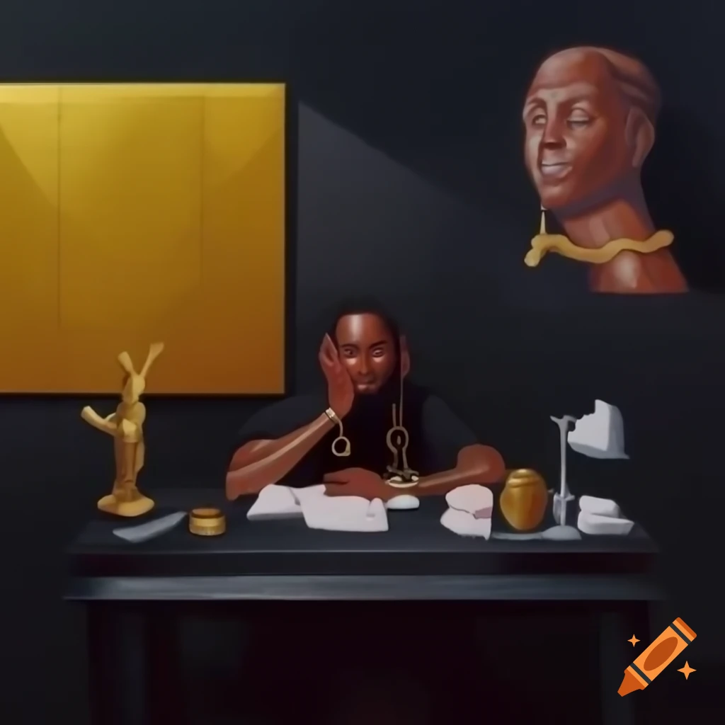 Color painting of a man wearing a gold chain and black shirt in a housing building