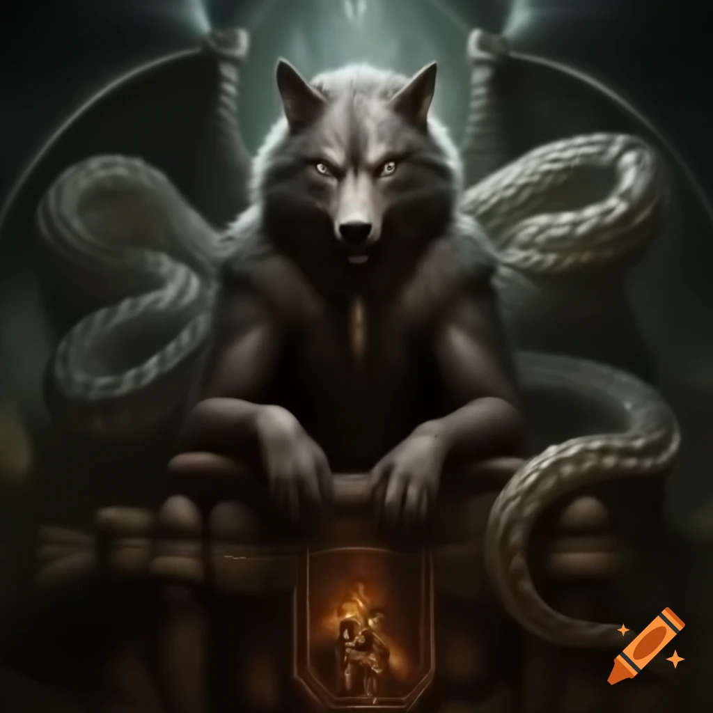 Illustration featuring the word REHF with a wolf and a dragon