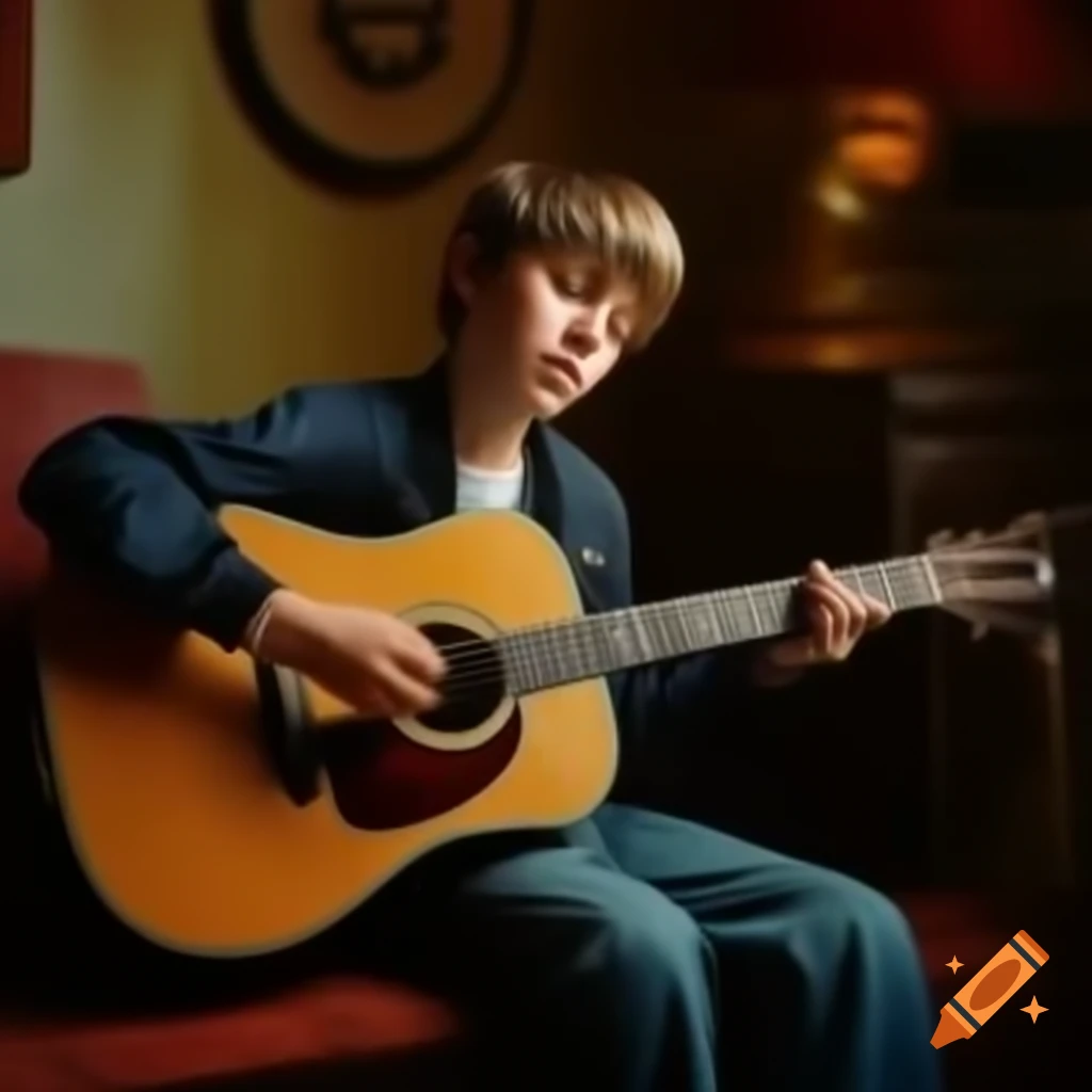 Boy aspiring musician with broken guitar