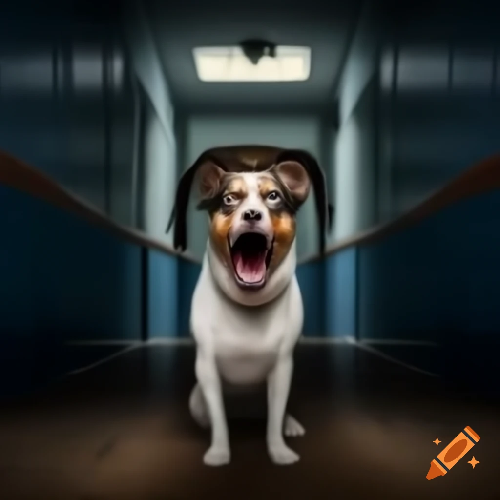 Dog barking in a haunted hallway from side view
