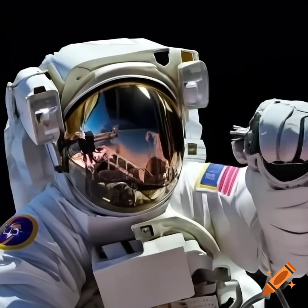 Astronauts collaborating on rocket repair in space