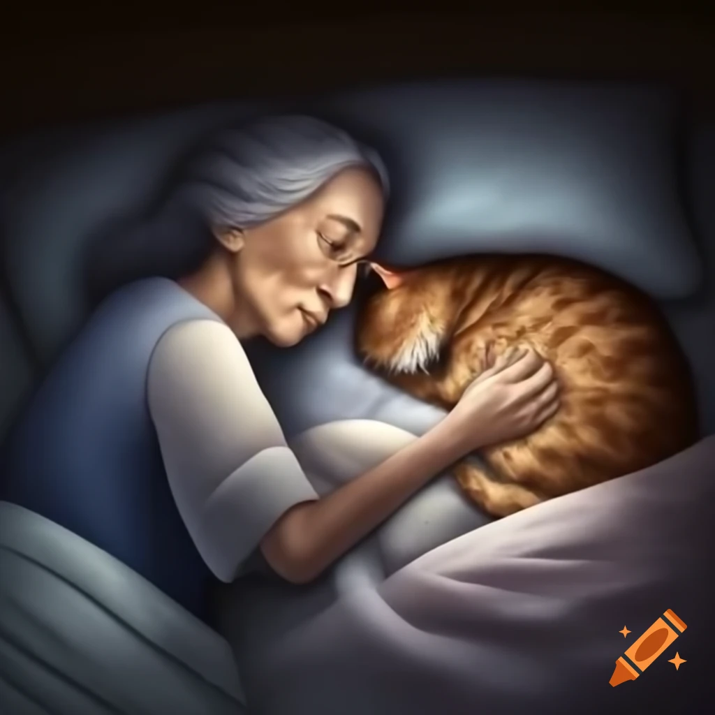Grandmother finishing tale with cat sleeping nearby