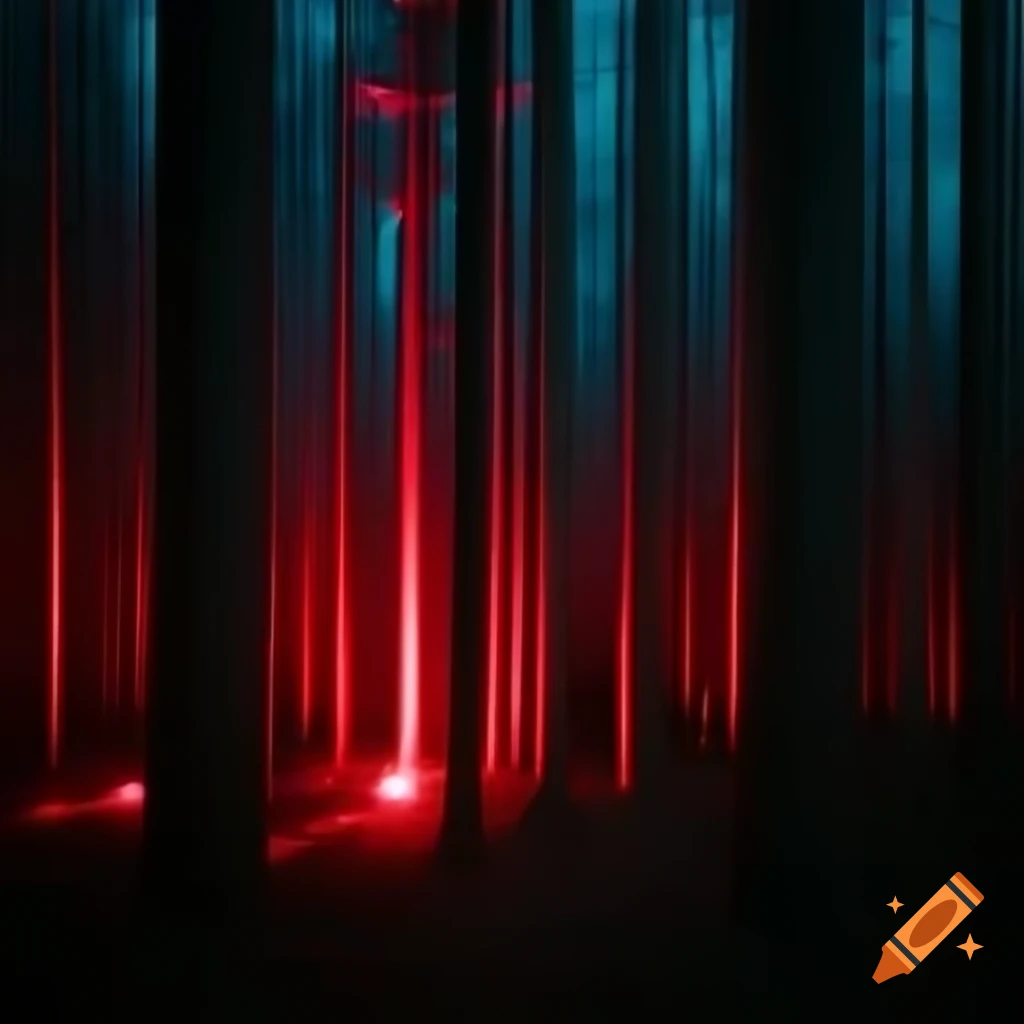 Dark forest with glistening trees and red light reflections, creating a suspenseful atmosphere
