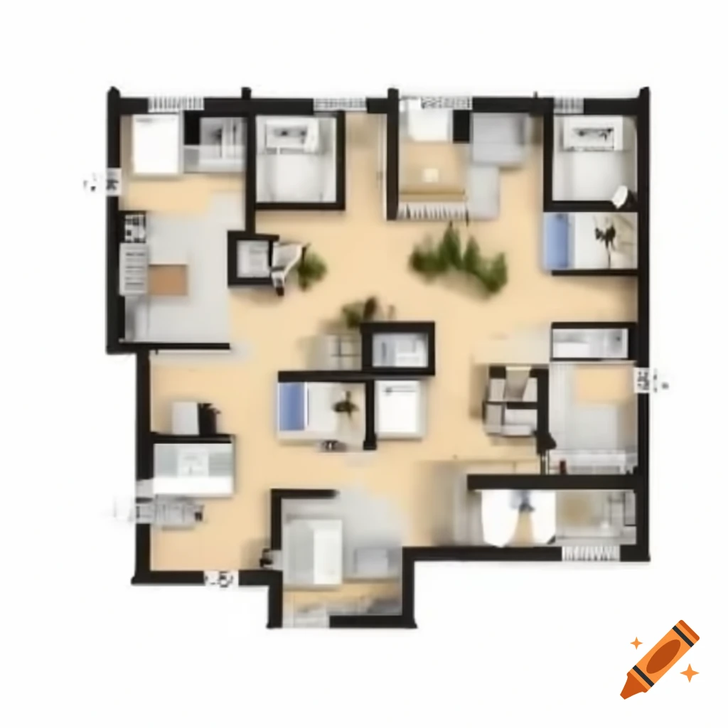 Architectural layout of a 1-story house with 2 bedrooms, 2 bathrooms, and diverse room designs
