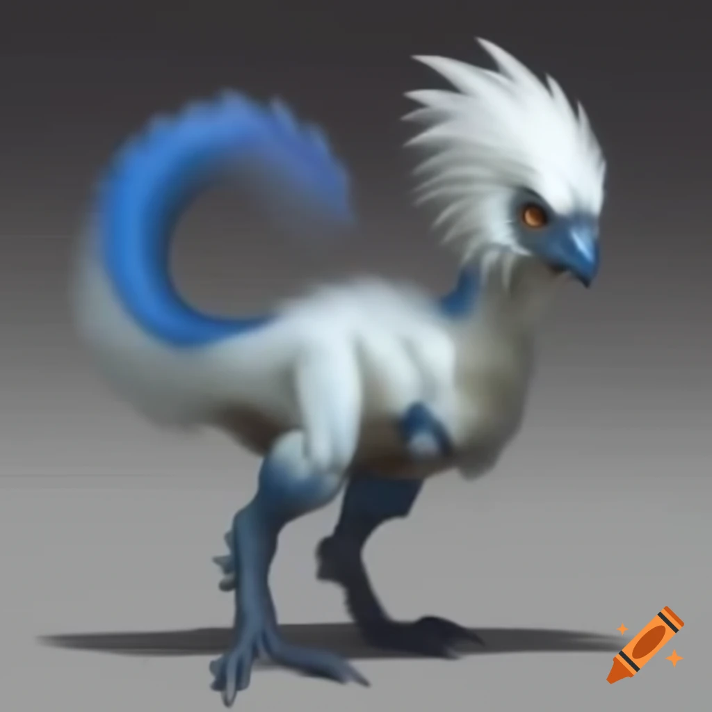 Fantasy creature with panther-like body, long tail and neck, shiny white and blue feathers, and big fangs