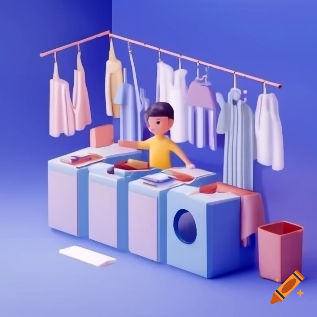 3D cartoon-style illustration of laundry worker using steamer on formal shirt
