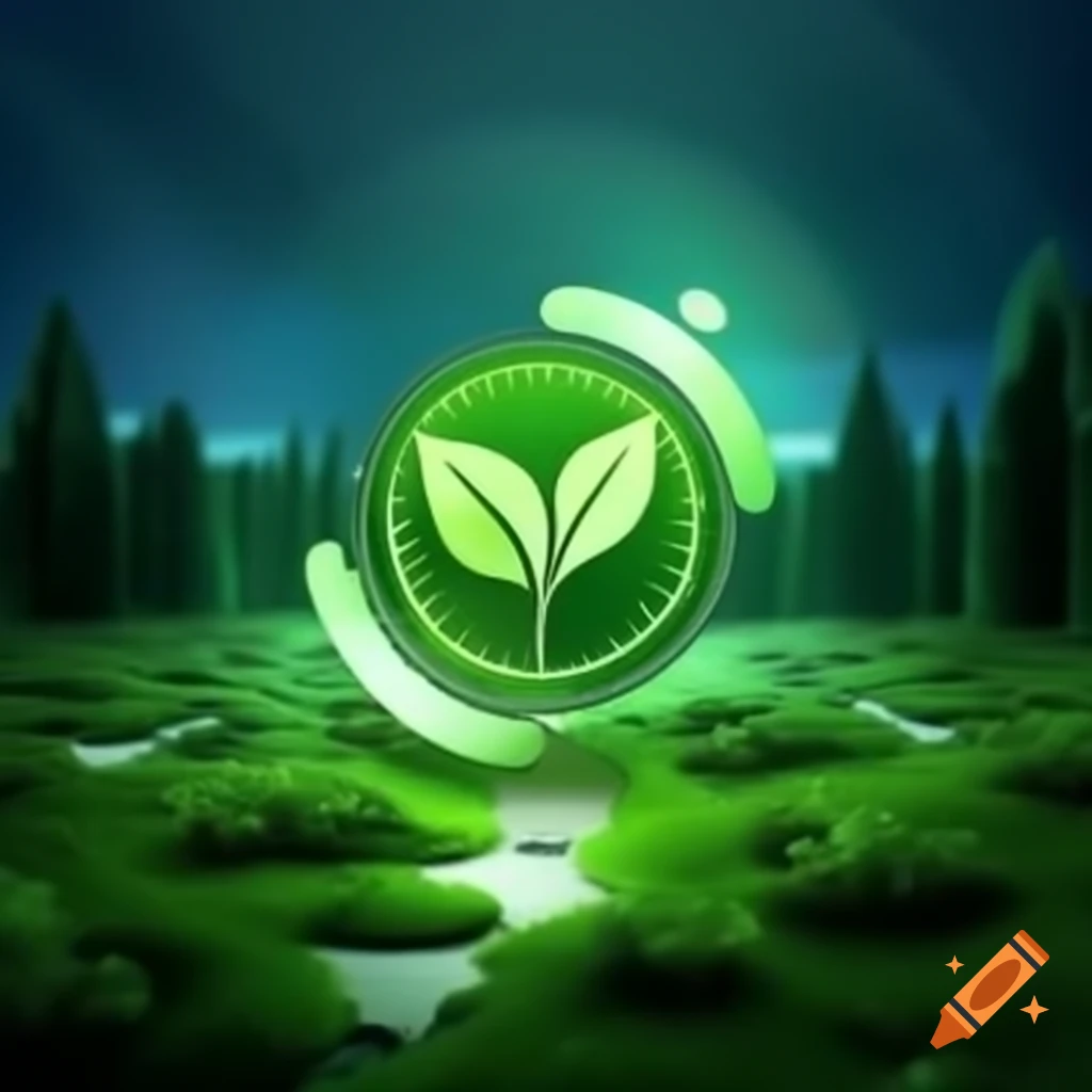 Futuristic digital landscape with glowing green coin and animations of trees and carbon emissions