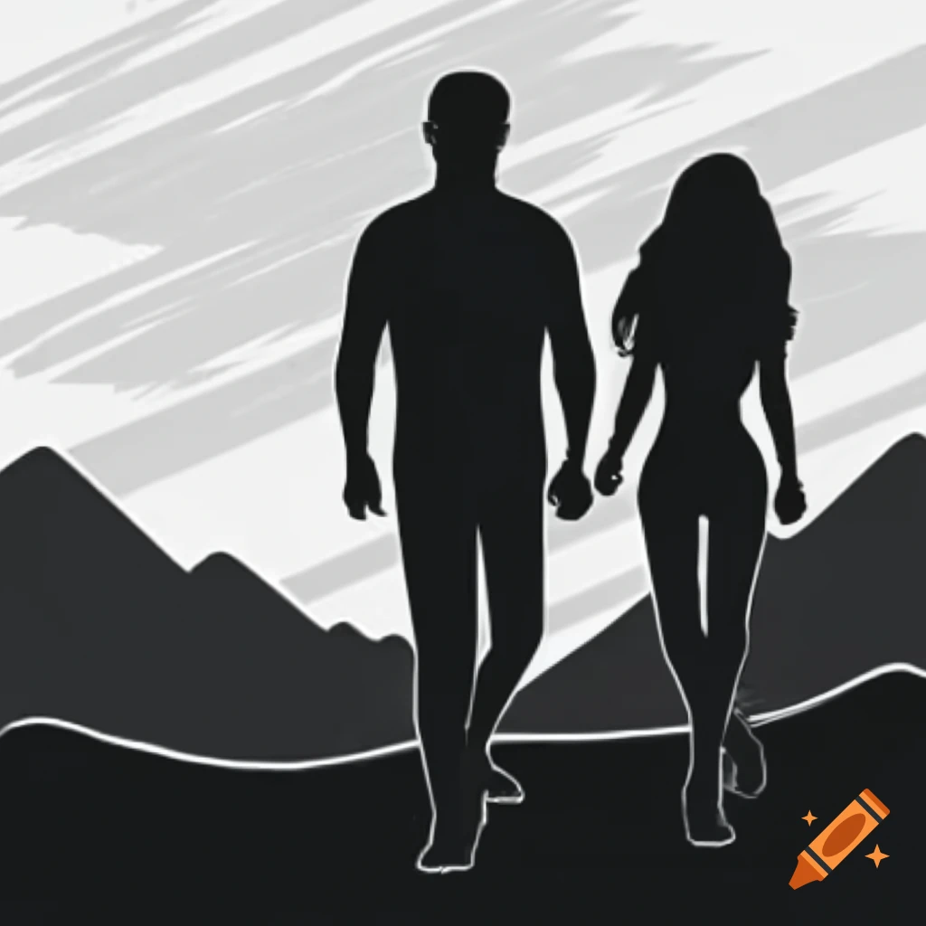 Black and white silhouette of couple walking in mountains
