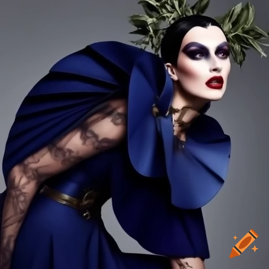 Goddess-themed drag queen outfit inspired by Athena with navy dress and olive branch patterns