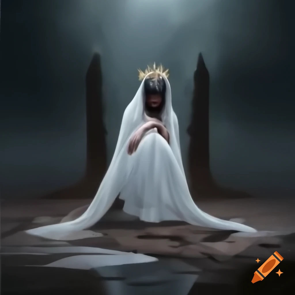 Indian mother figure in torn saree sitting on dry earth with broken crown and polluted river