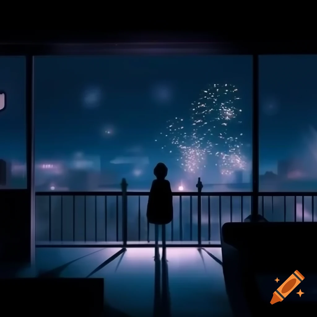 Heartbroken person on city balcony watching fireworks on New Year's Eve