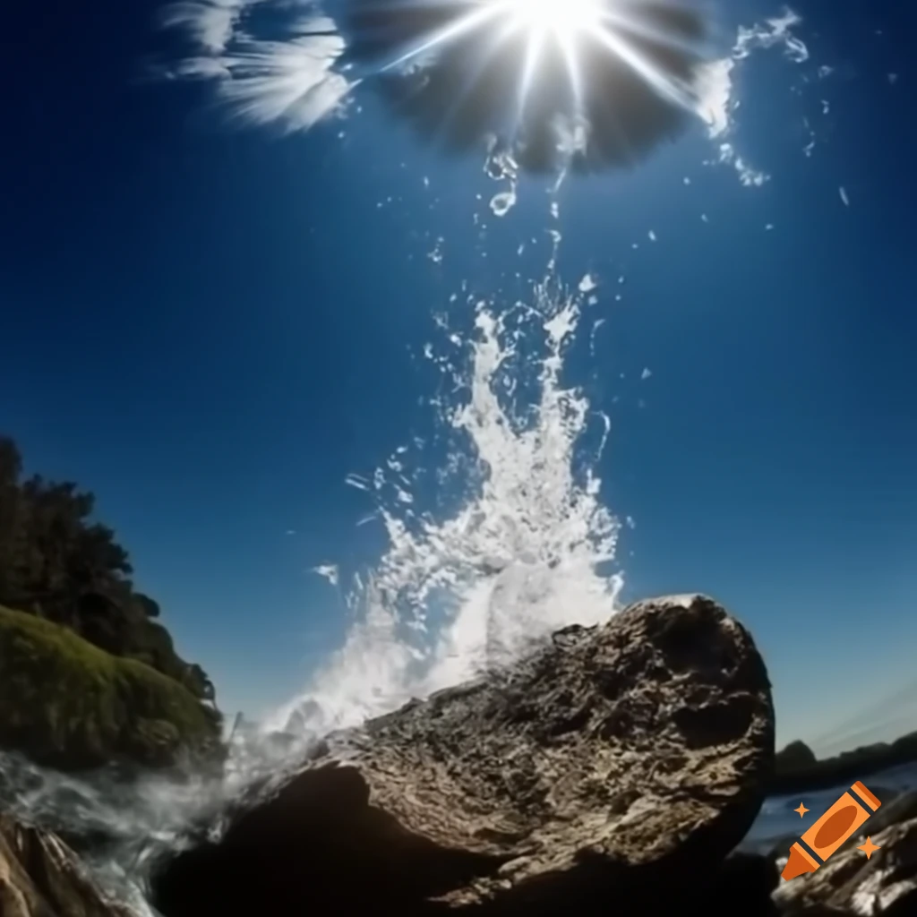 Water splashing on cracked rock, sun drying the surface
