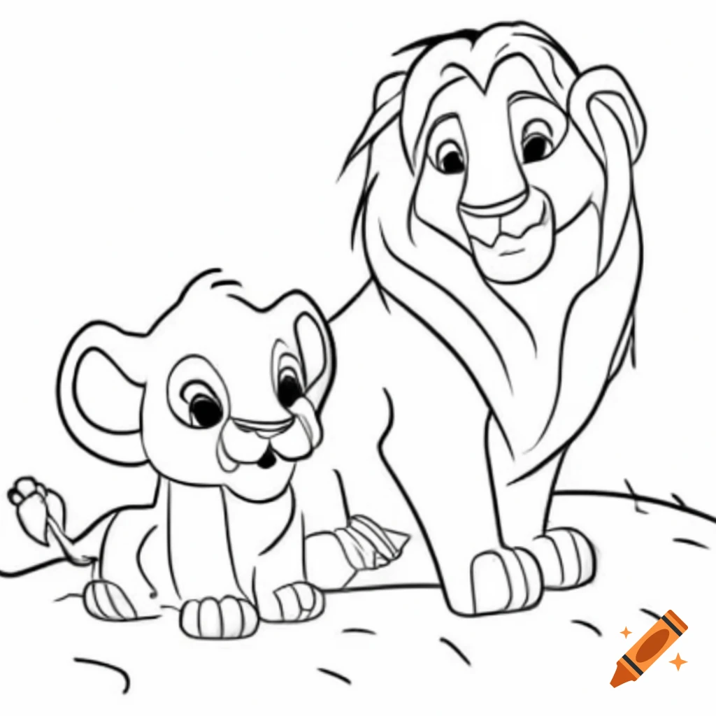 Mama and baby lion line art for coloring book, simple clear outline