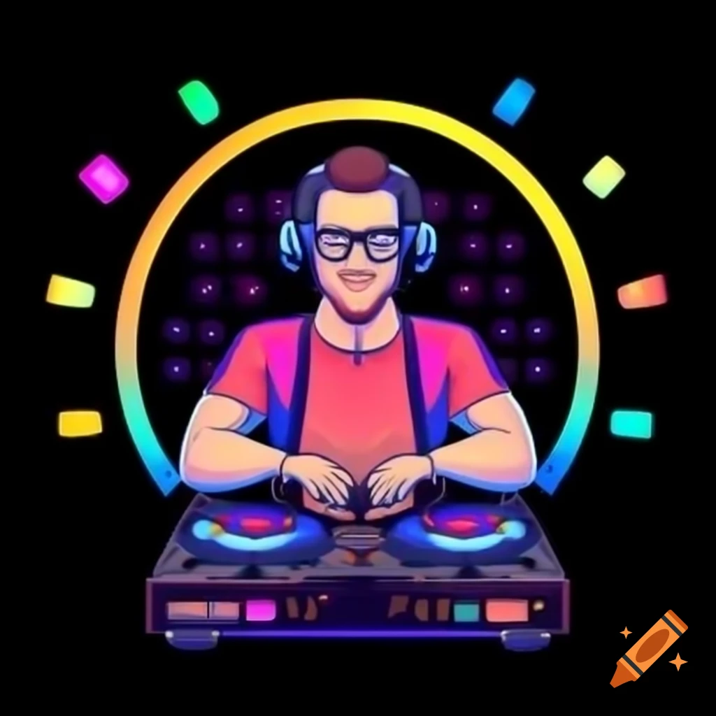 Cool DJ wearing glasses and headphones at turntable with colorful ...