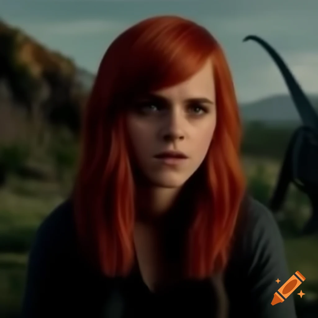 Emma Watson with red hair in a Jurassic World setting