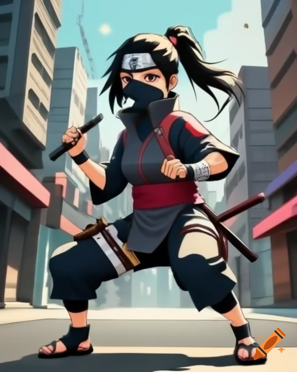 Ninja woman in sandals playfully posing with dagger in city on Craiyon