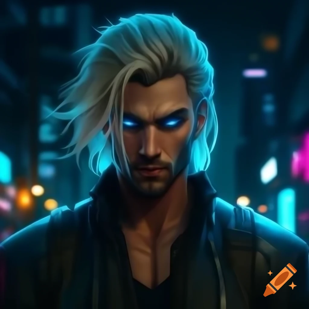 Cyberpunk anime character with blond hair and blue eyes against neon city lights