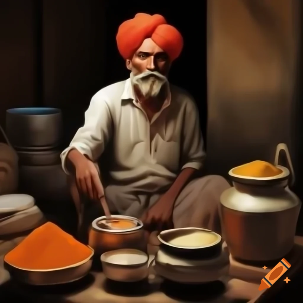 Indian chai stall with spices and street tea vendor, digital painting