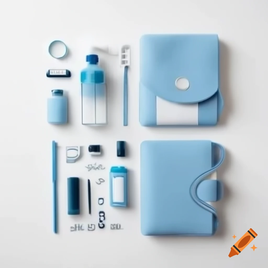 Personalized medical essentials kit flat lay with matching light blue and white items
