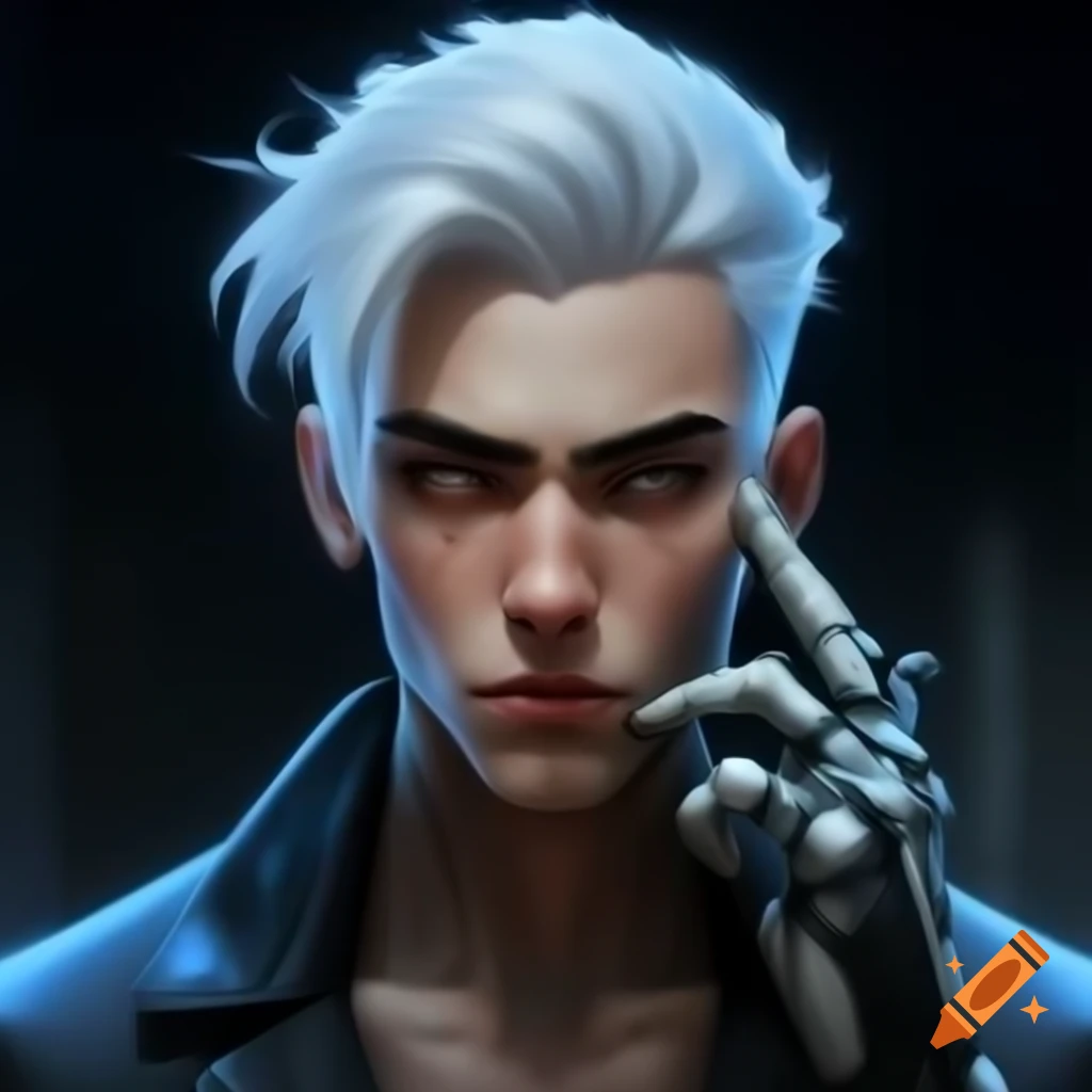 Cyberpunk young man with white hair and cybernetic eye implants, digital painting